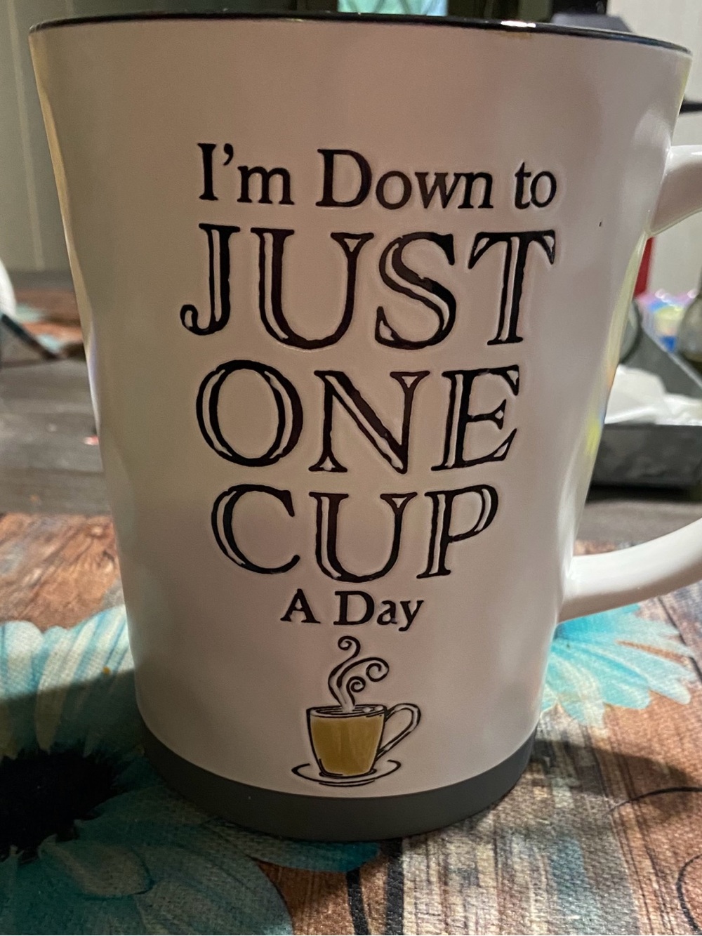 Cracker Barrel White Coffee Mug with Black Text and Yellow Cup Graphic